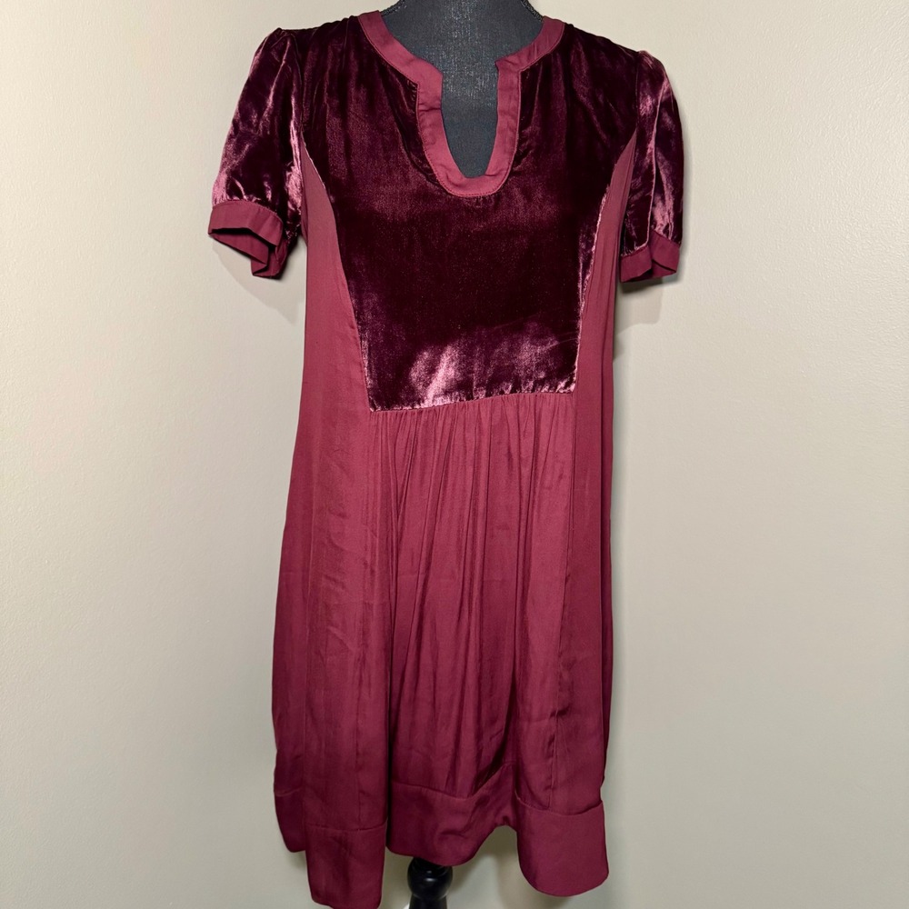 Maeve Anthropologie Burgundy Velvet Mixed Media Shift Dress XS Burgundy Wine